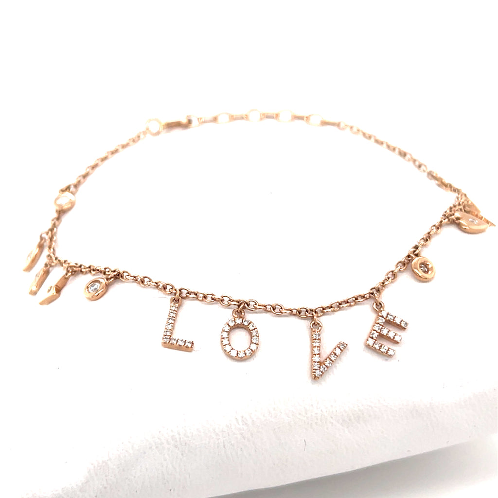 14k Rose Gold & Diamonds "LOVE" Petite Charm Bracelet, Size 7.