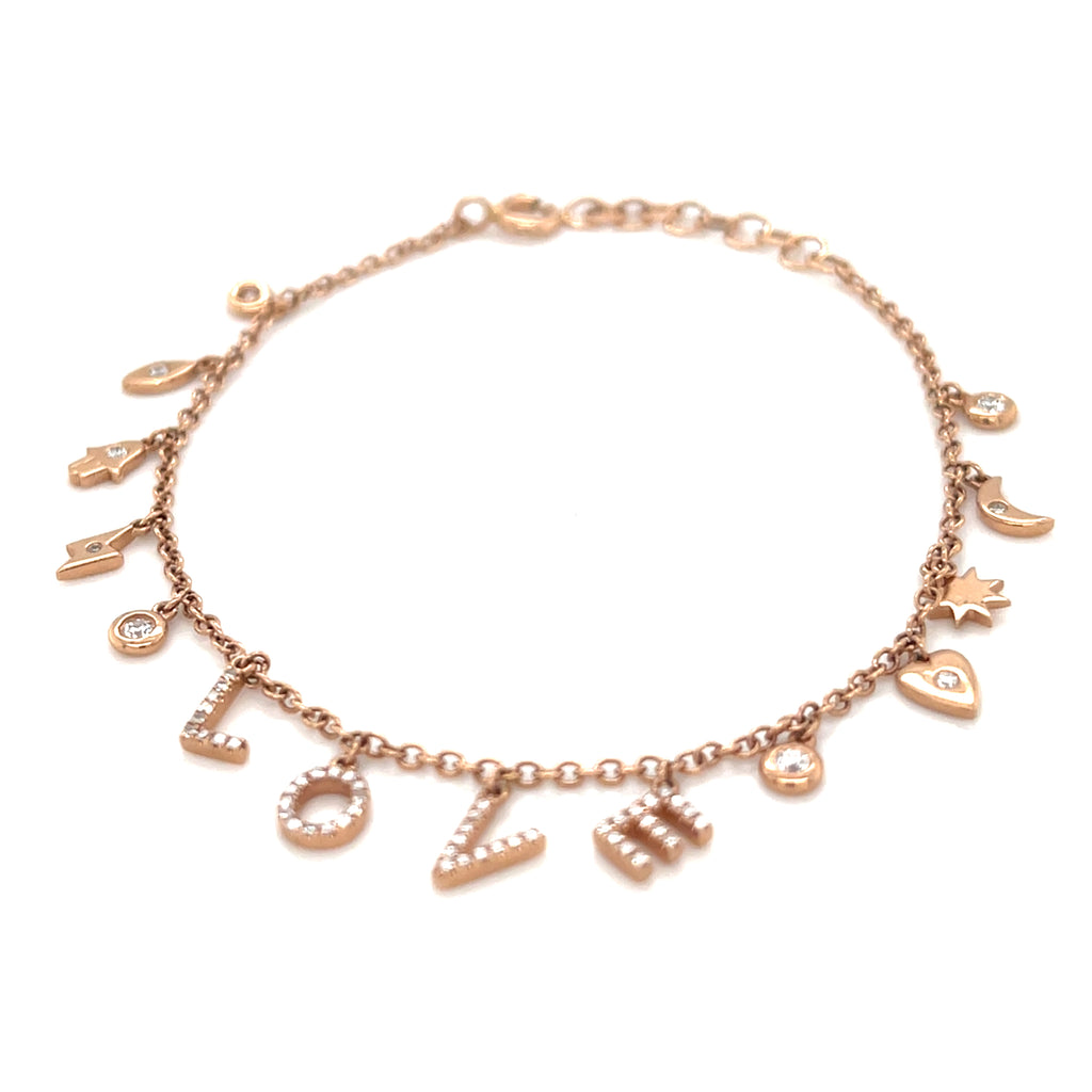 14k Rose Gold & Diamonds "LOVE" Petite Charm Bracelet, Size 7.
