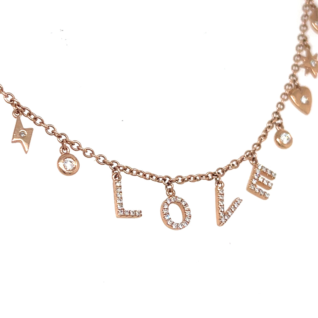 14k Rose Gold & Diamonds "LOVE" Petite Charm Bracelet, Size 7.