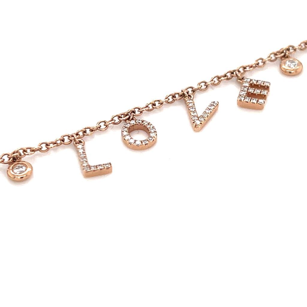 14k Rose Gold & Diamonds "LOVE" Petite Charm Bracelet, Size 7.