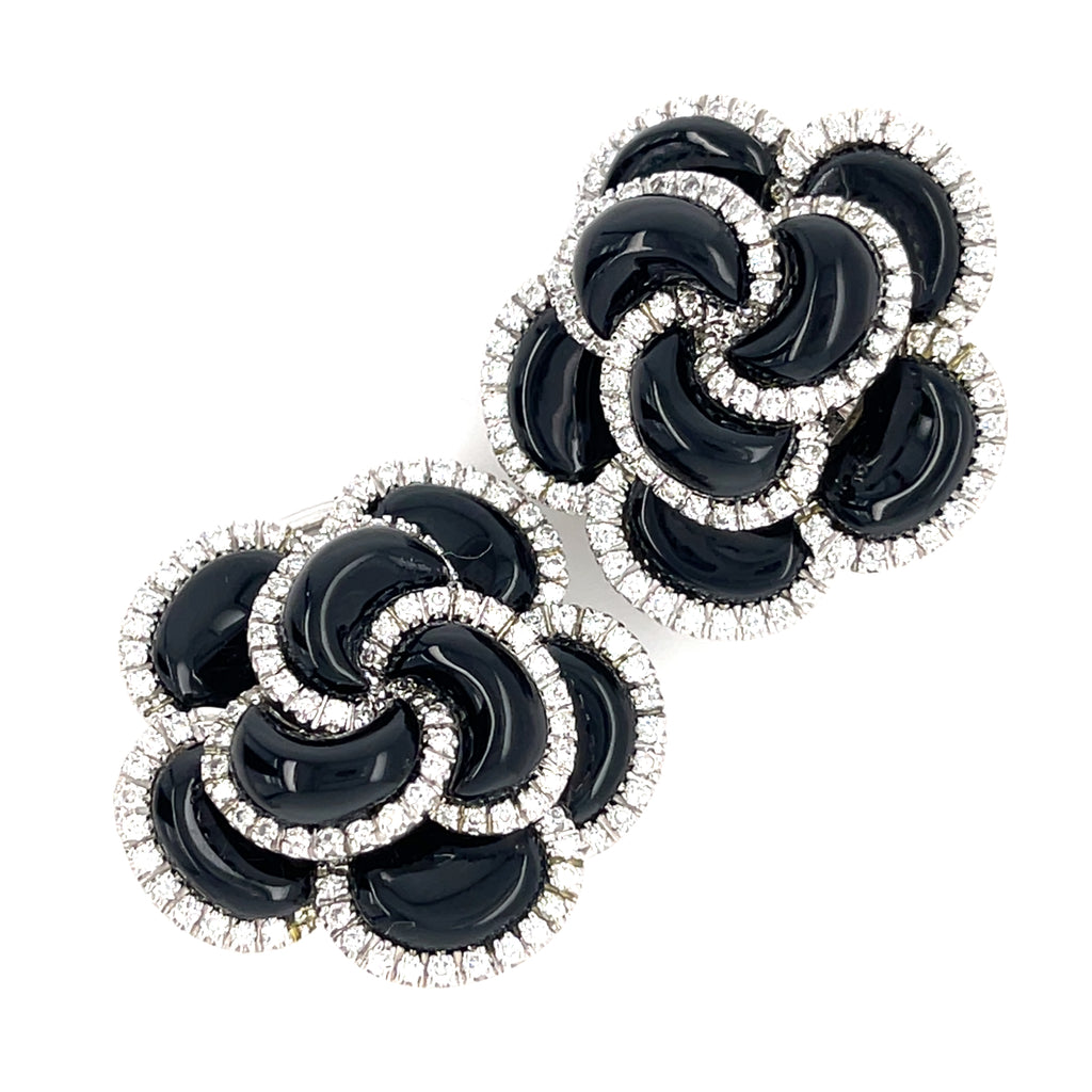 Roberto Casarin 18k White Gold & Onyx Flower Convertible Clip-on Earrings w/ Diamond Accents.