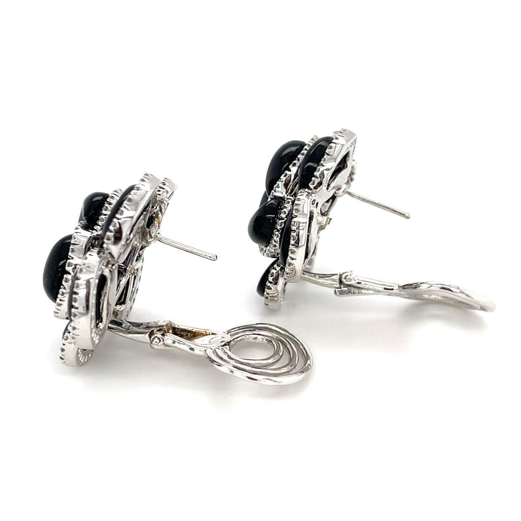 Roberto Casarin 18k White Gold & Onyx Flower Convertible Clip-on Earrings w/ Diamond Accents.