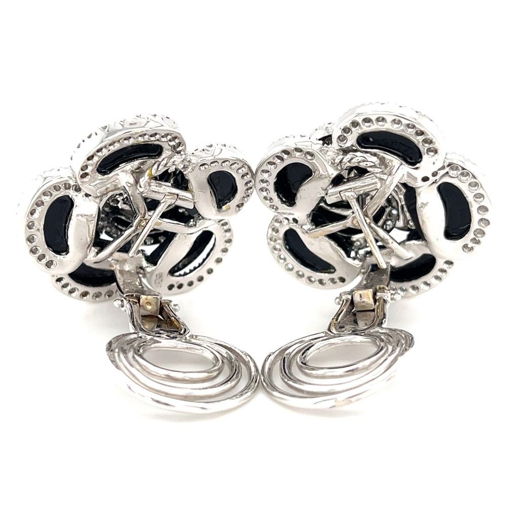 Roberto Casarin 18k White Gold & Onyx Flower Convertible Clip-on Earrings w/ Diamond Accents.