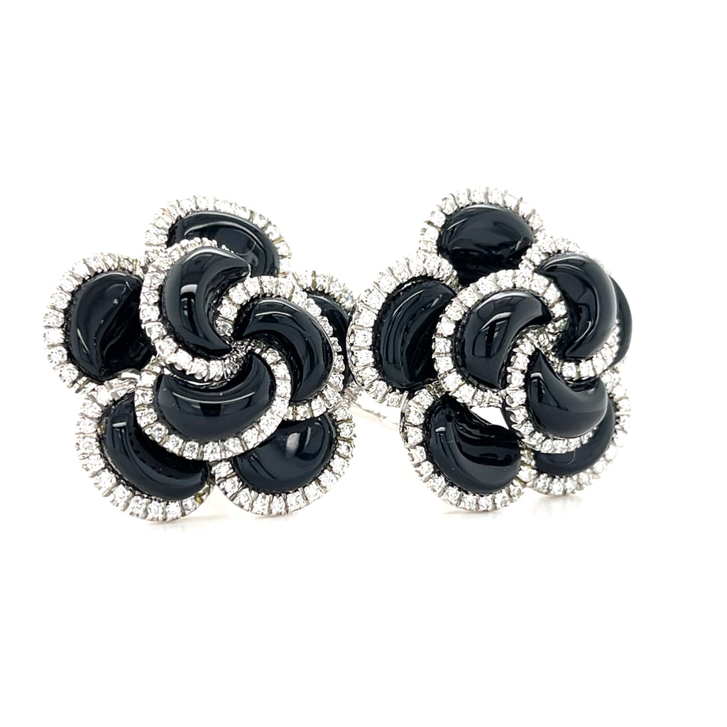 Roberto Casarin 18k White Gold & Onyx Flower Convertible Clip-on Earrings w/ Diamond Accents.