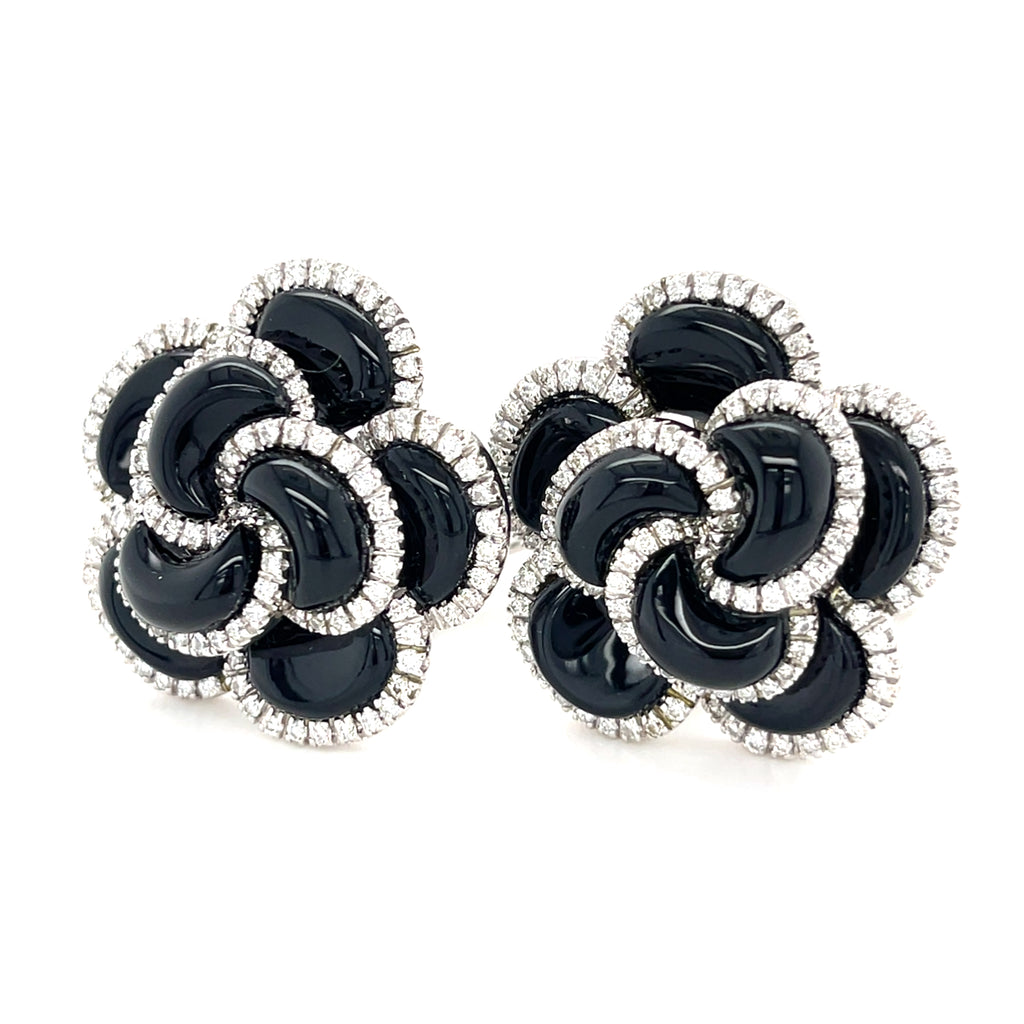 Roberto Casarin 18k White Gold & Onyx Flower Convertible Clip-on Earrings w/ Diamond Accents.