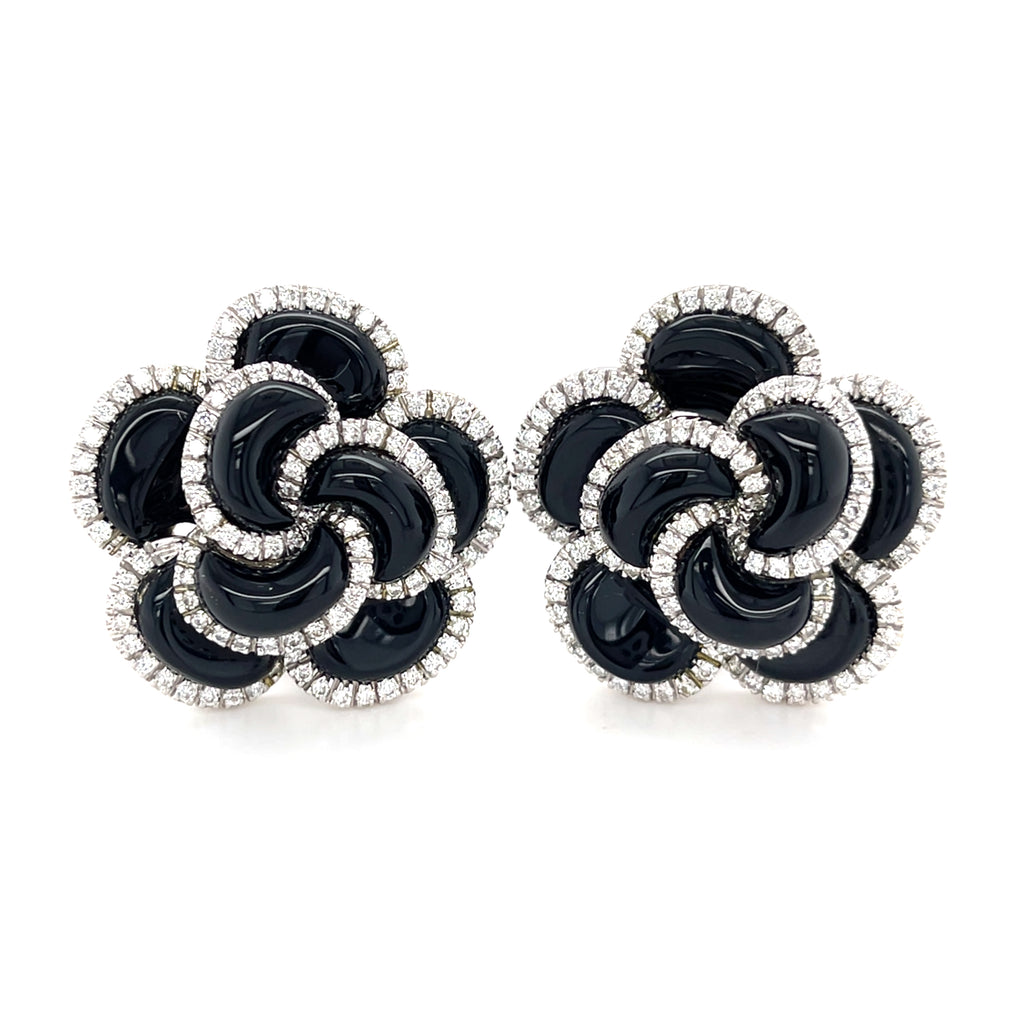 Roberto Casarin 18k White Gold & Onyx Flower Convertible Clip-on Earrings w/ Diamond Accents.