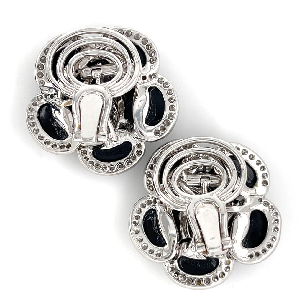 Roberto Casarin 18k White Gold & Onyx Flower Convertible Clip-on Earrings w/ Diamond Accents.