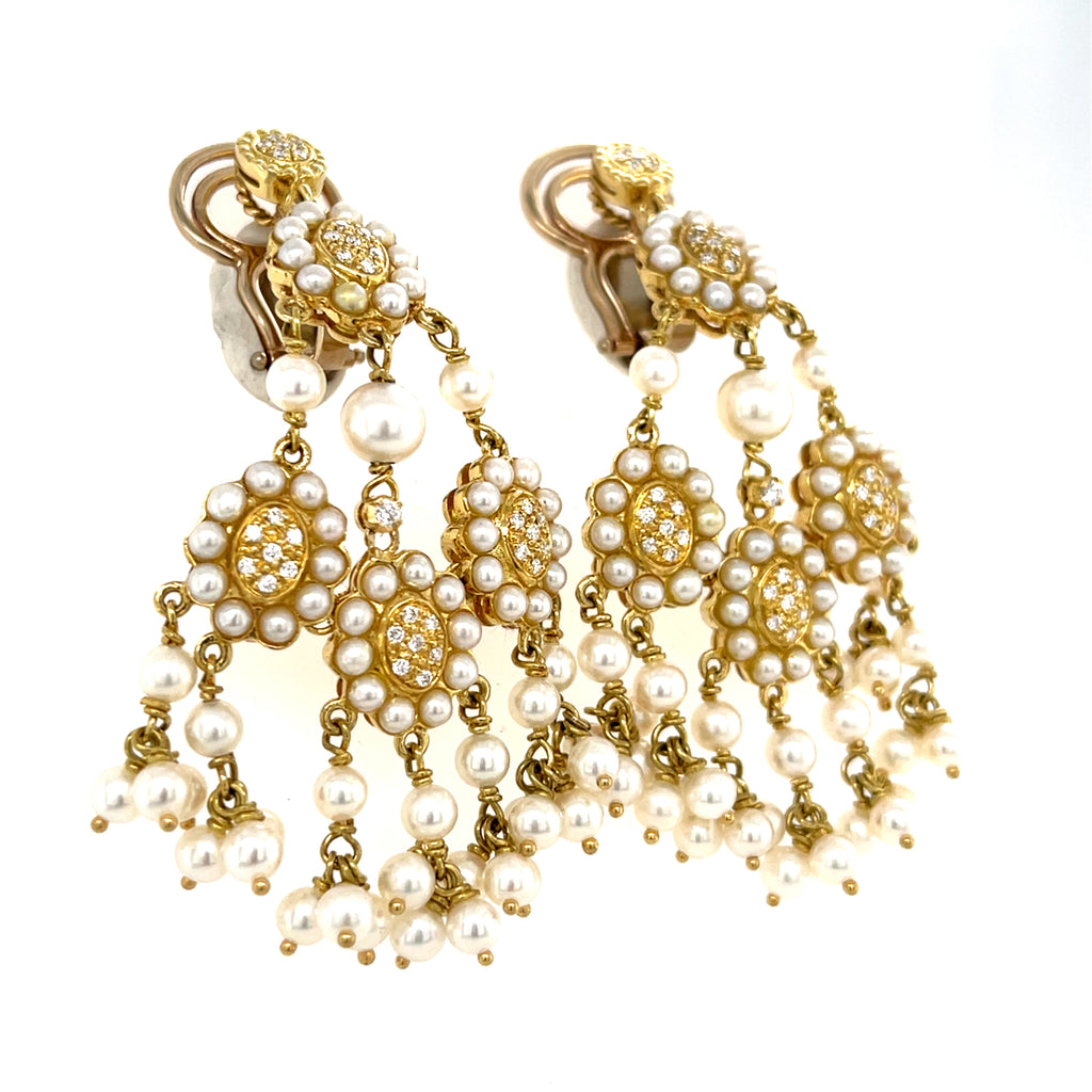 18k Yellow Gold & Seed Pearl Chandelier Clip-on Earrings w/ Diamond Accents.