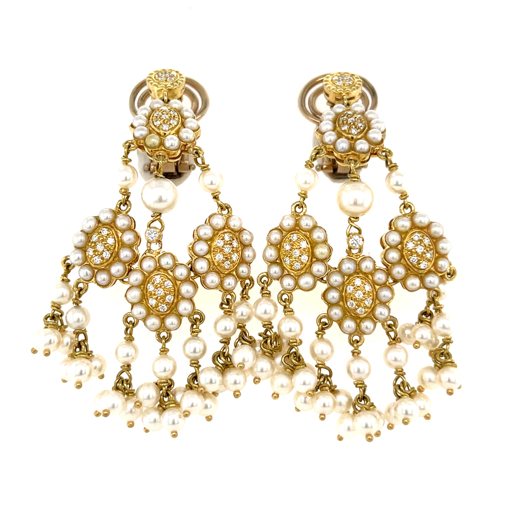 18k Yellow Gold & Seed Pearl Chandelier Clip-on Earrings w/ Diamond Accents.