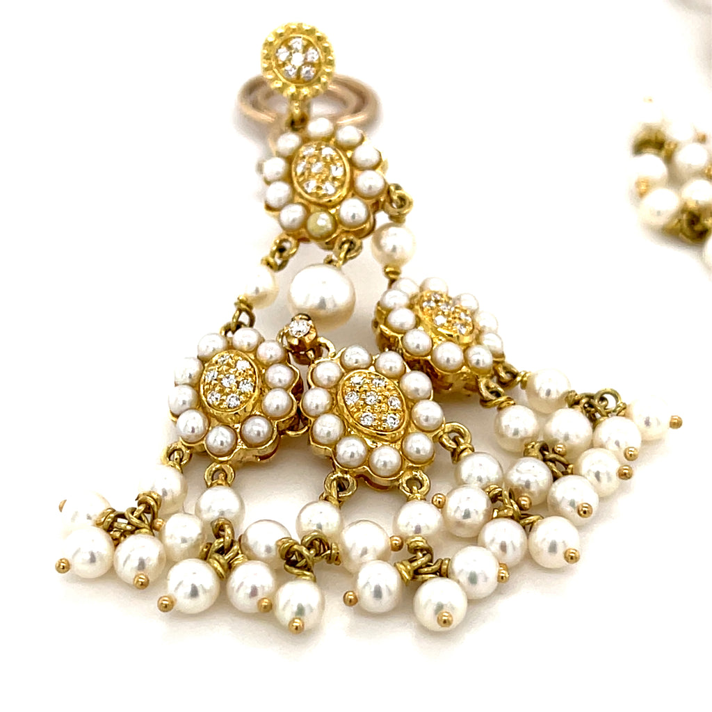 18k Yellow Gold & Seed Pearl Chandelier Clip-on Earrings w/ Diamond Accents.