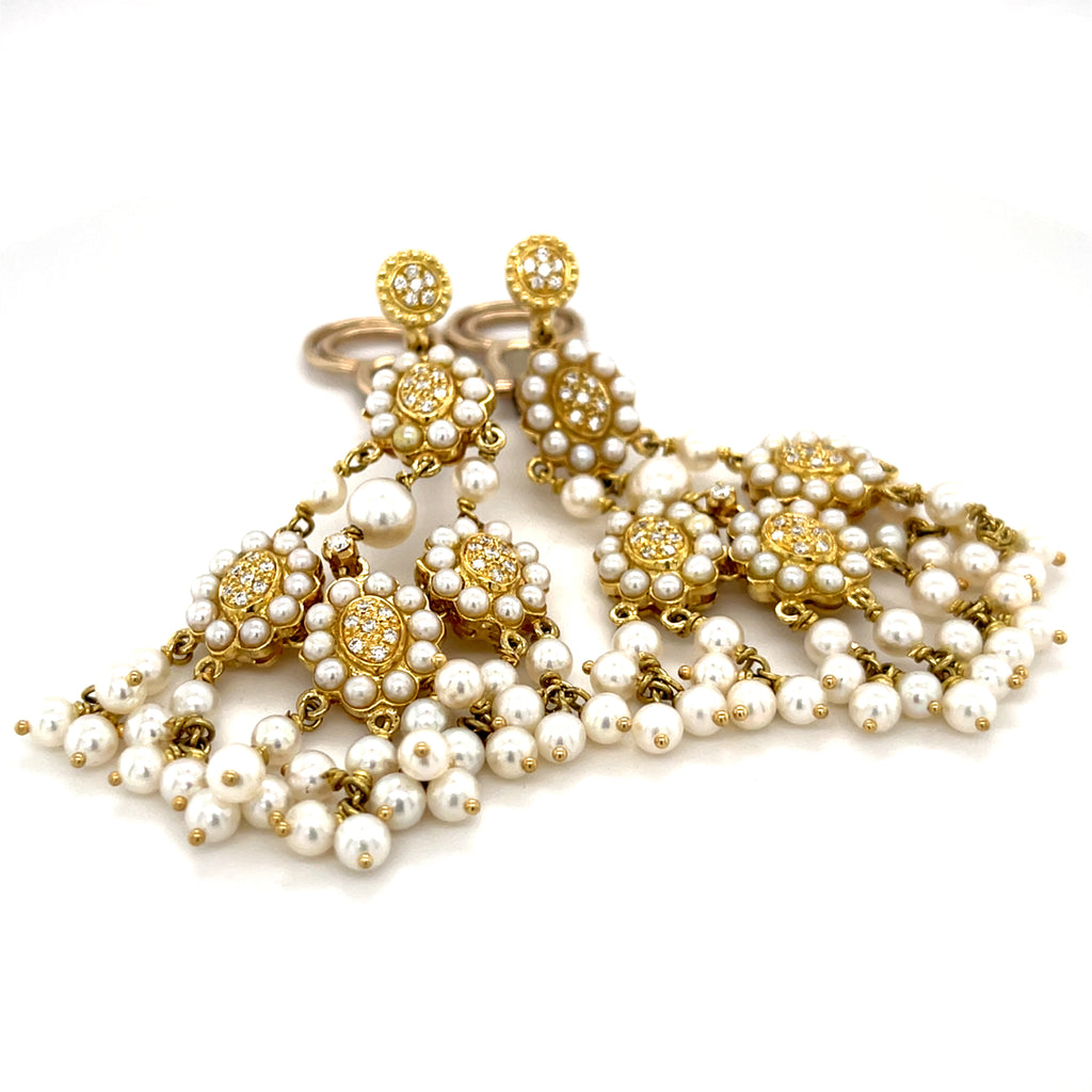 18k Yellow Gold & Seed Pearl Chandelier Clip-on Earrings w/ Diamond Accents.