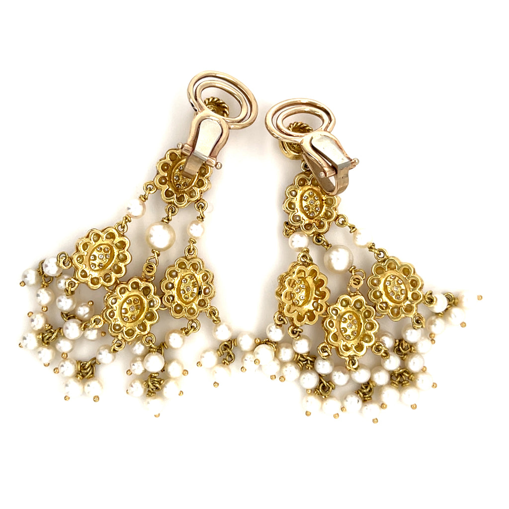 18k Yellow Gold & Seed Pearl Chandelier Clip-on Earrings w/ Diamond Accents.