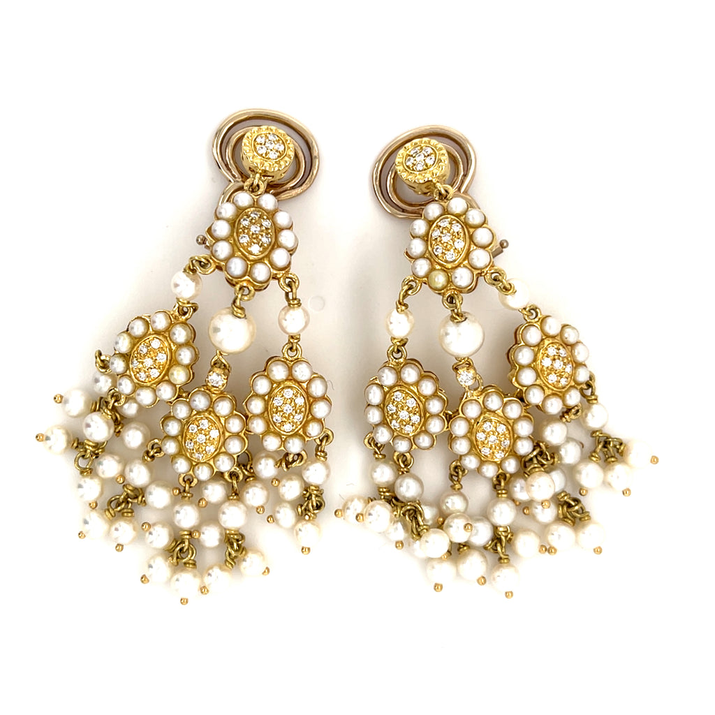 18k Yellow Gold & Seed Pearl Chandelier Clip-on Earrings w/ Diamond Accents.