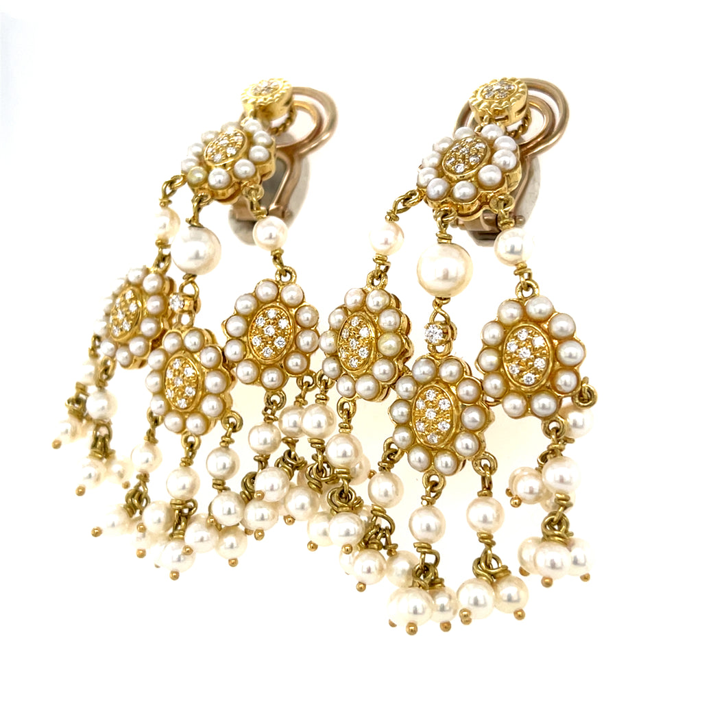 18k Yellow Gold & Seed Pearl Chandelier Clip-on Earrings w/ Diamond Accents.