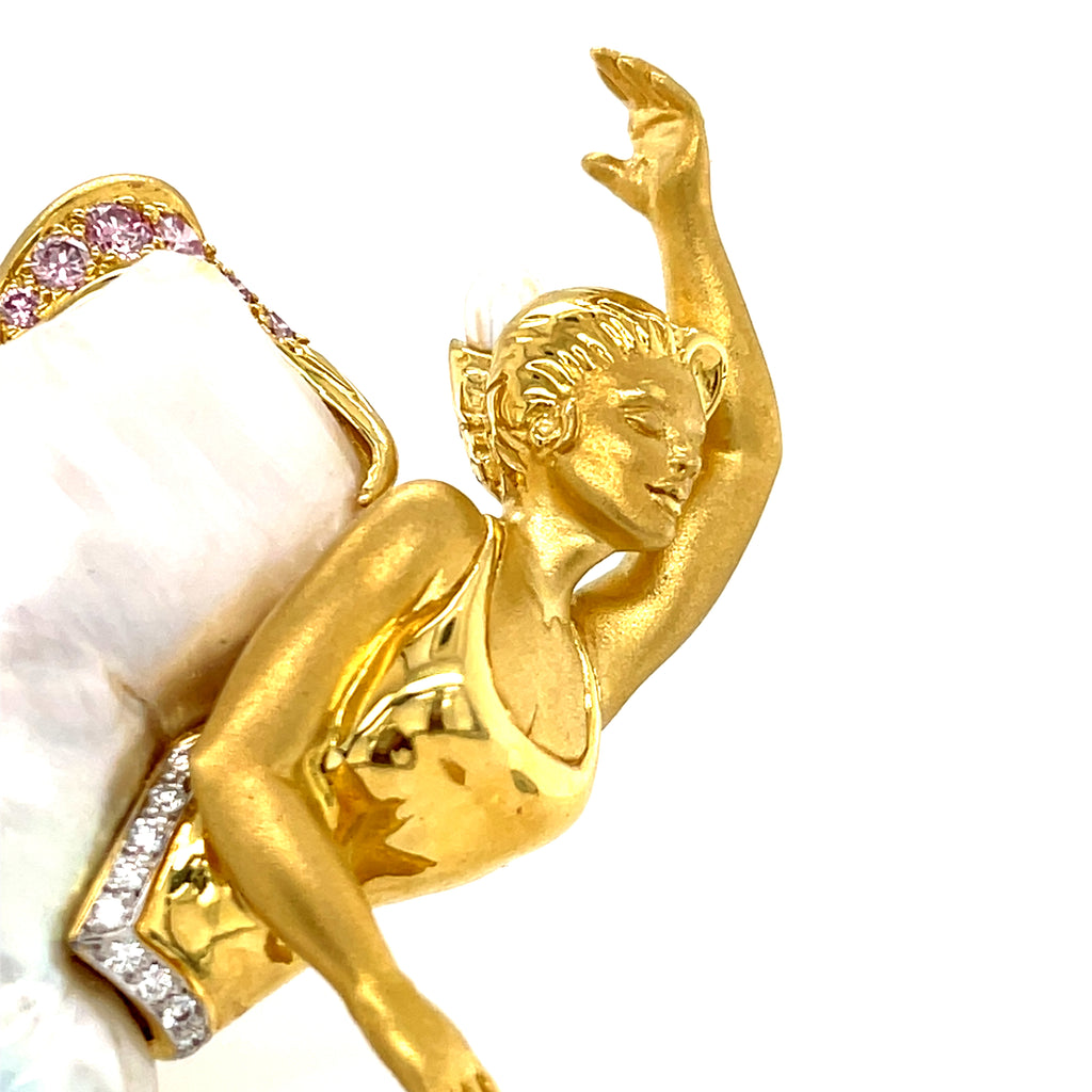 Avi A&Z 18k Yellow Gold and Cultured Pearl Ballerina Brooch w/ Pink and White Diamonds.