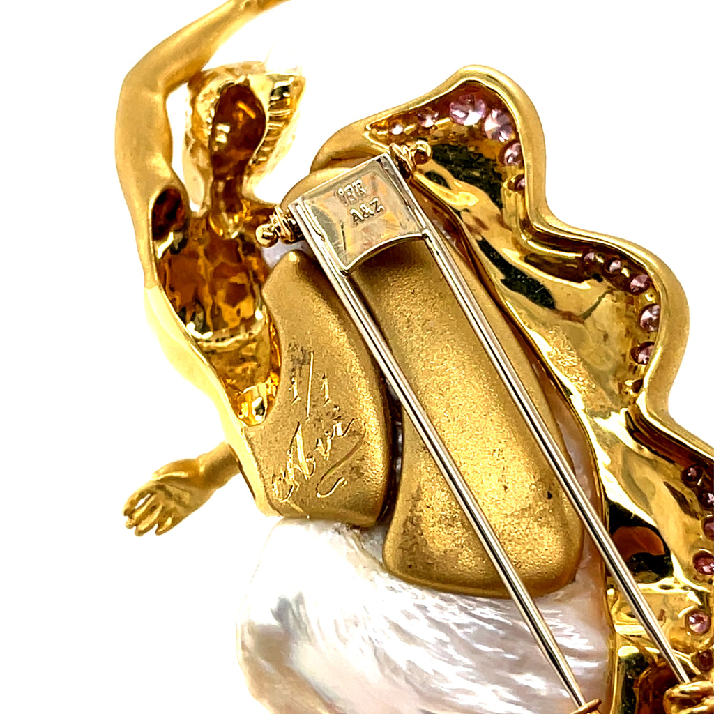 Avi A&Z 18k Yellow Gold and Cultured Pearl Ballerina Brooch w/ Pink and White Diamonds.