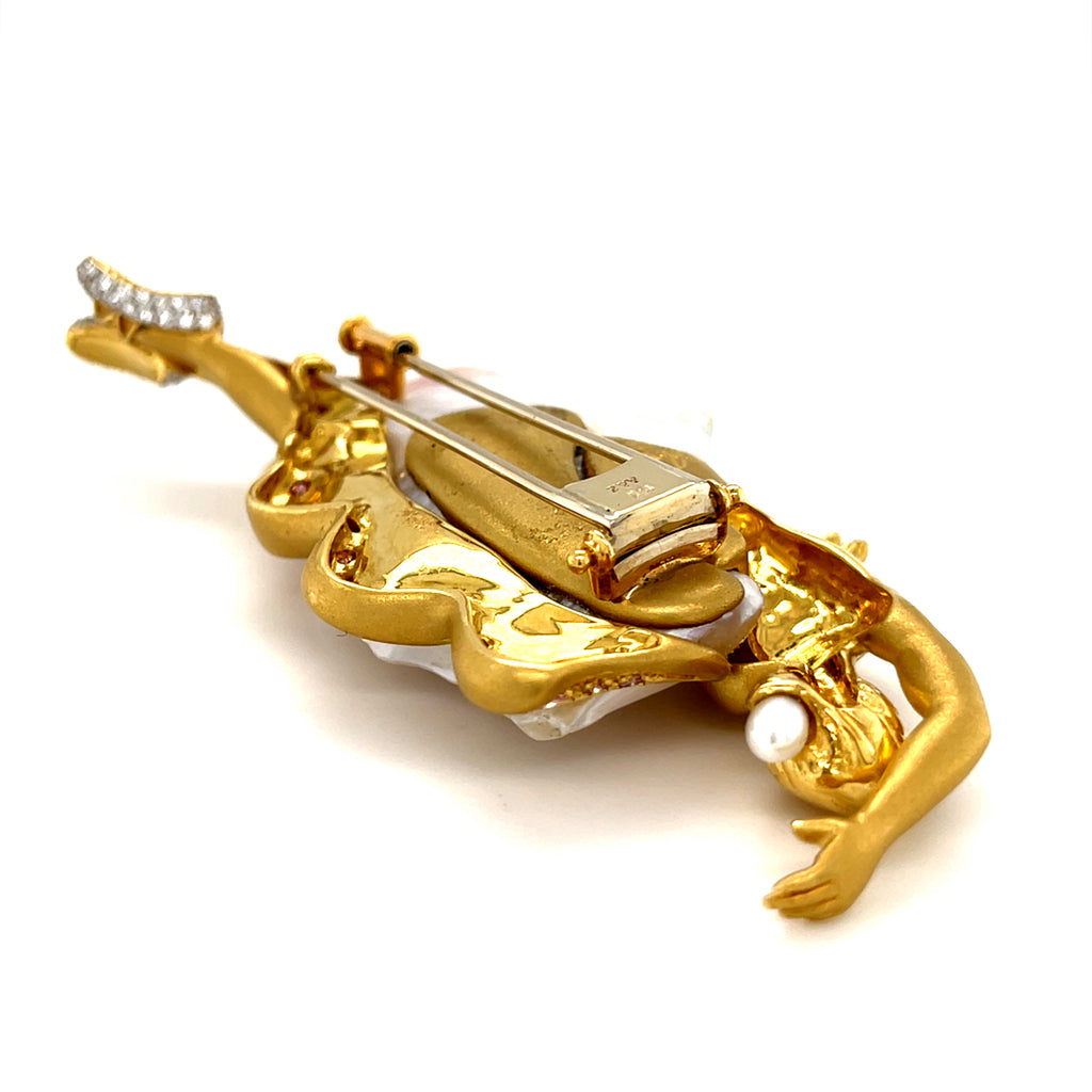 Avi A&Z 18k Yellow Gold and Cultured Pearl Ballerina Brooch w/ Pink and White Diamonds.