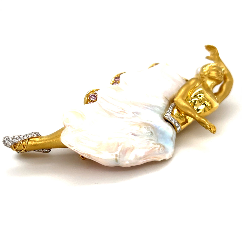Avi A&Z 18k Yellow Gold and Cultured Pearl Ballerina Brooch w/ Pink and White Diamonds.
