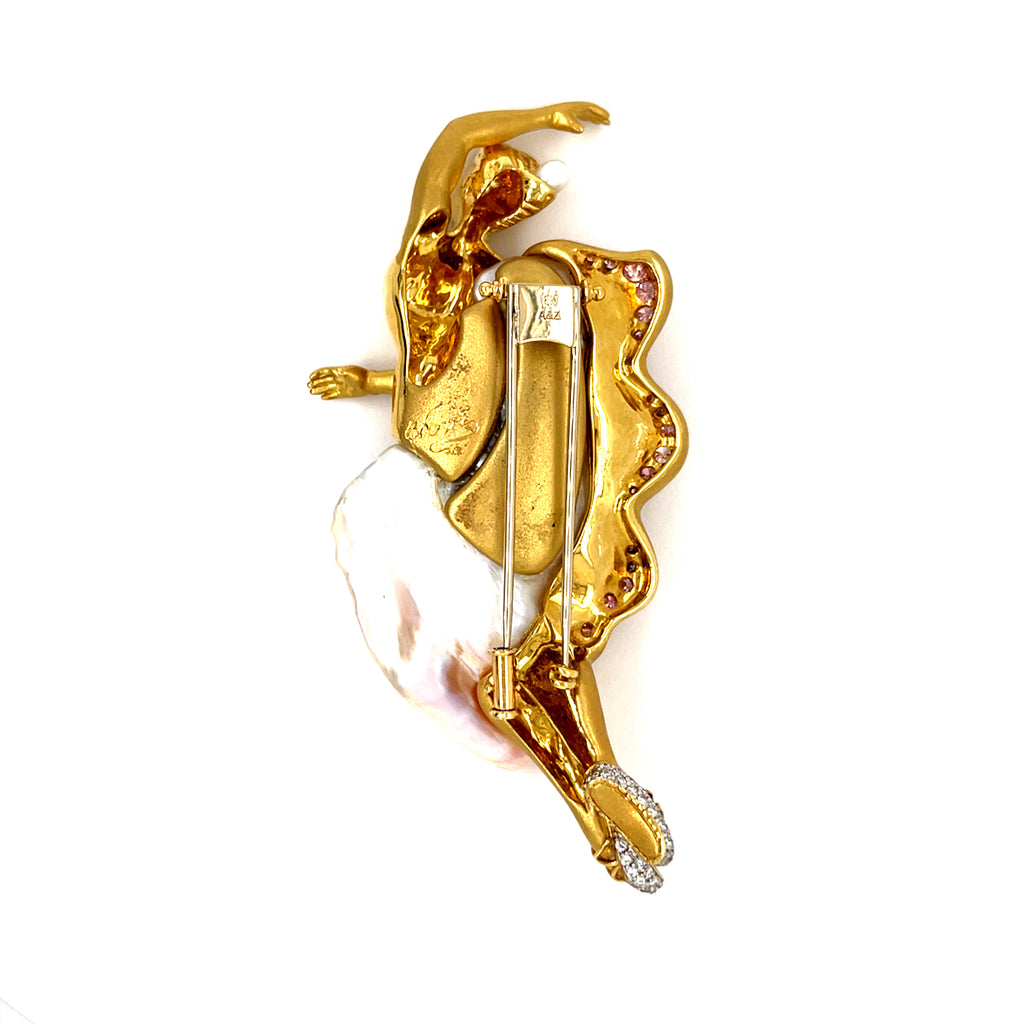Avi A&Z 18k Yellow Gold and Cultured Pearl Ballerina Brooch w/ Pink and White Diamonds.