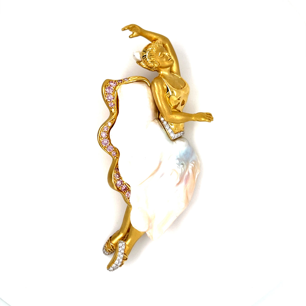 Avi A&Z 18k Yellow Gold and Cultured Pearl Ballerina Brooch w/ Pink and White Diamonds.