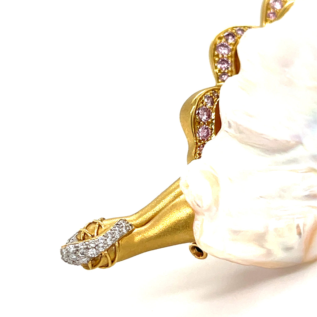 Avi A&Z 18k Yellow Gold and Cultured Pearl Ballerina Brooch w/ Pink and White Diamonds.