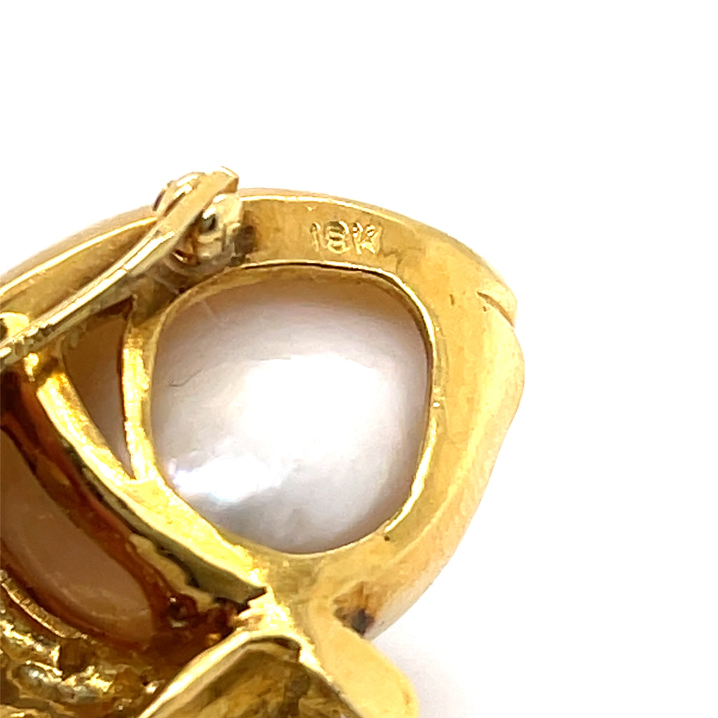 18k Yellow Gold & Cultured Pearl Fish Brooch w/ Yellow and White Diamond Accents.