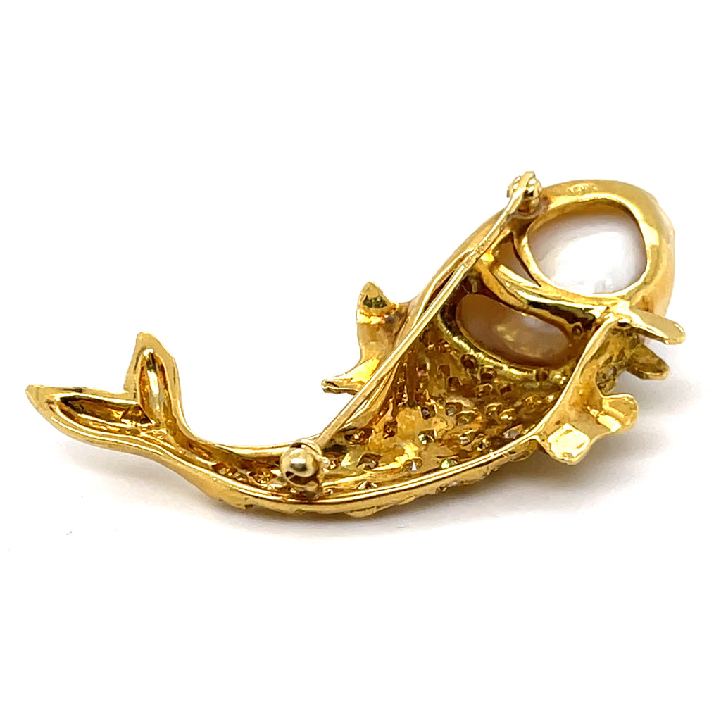 18k Yellow Gold & Cultured Pearl Fish Brooch w/ Yellow and White Diamond Accents.