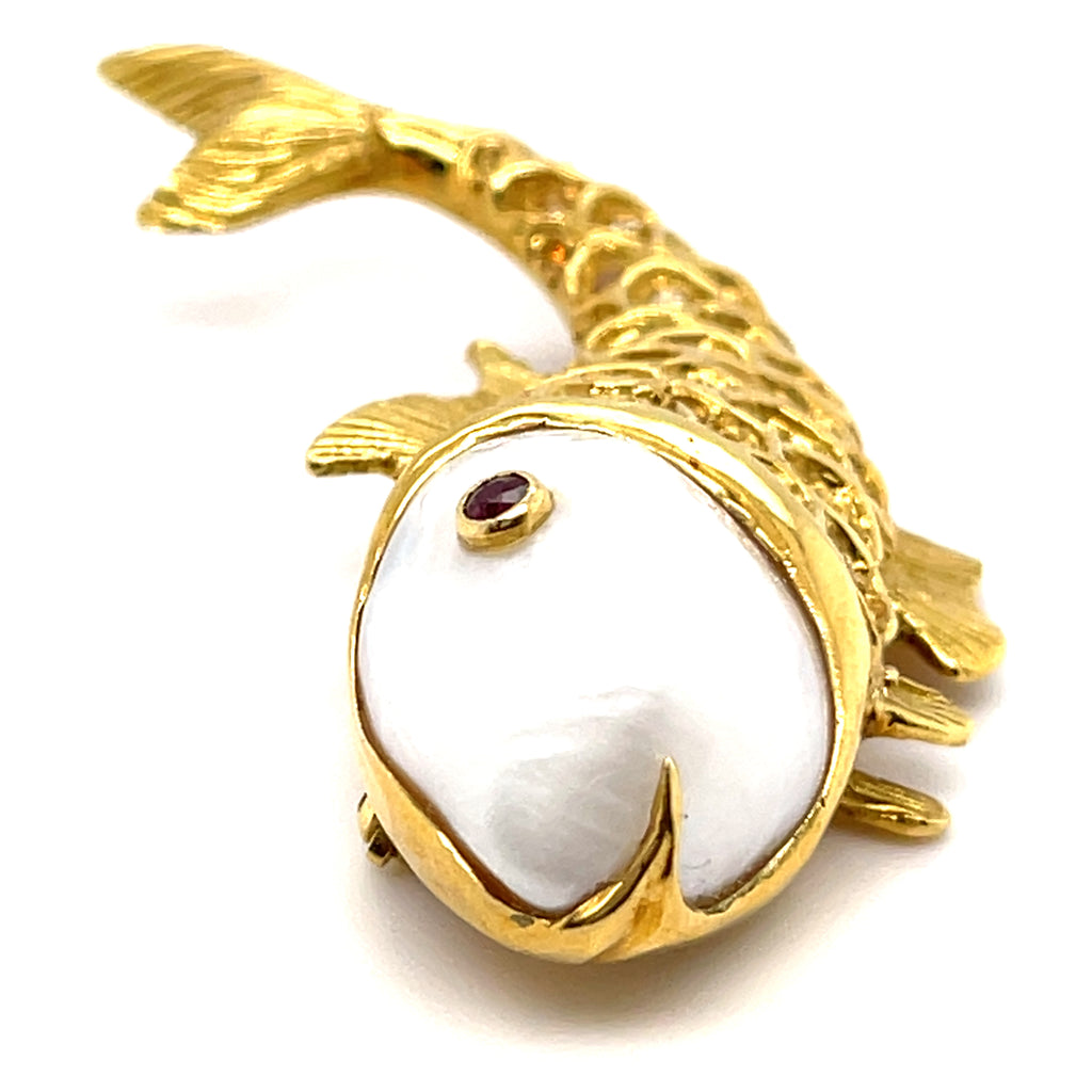 18k Yellow Gold & Cultured Pearl Fish Brooch w/ Yellow and White Diamond Accents.