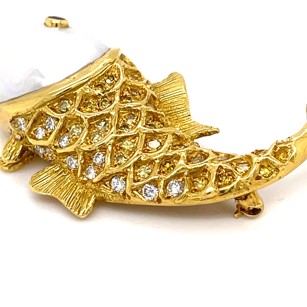 18k Yellow Gold & Cultured Pearl Fish Brooch w/ Yellow and White Diamond Accents.