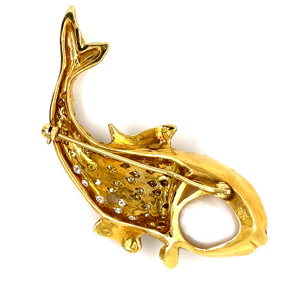 18k Yellow Gold & Cultured Pearl Fish Brooch w/ Yellow and White Diamond Accents.