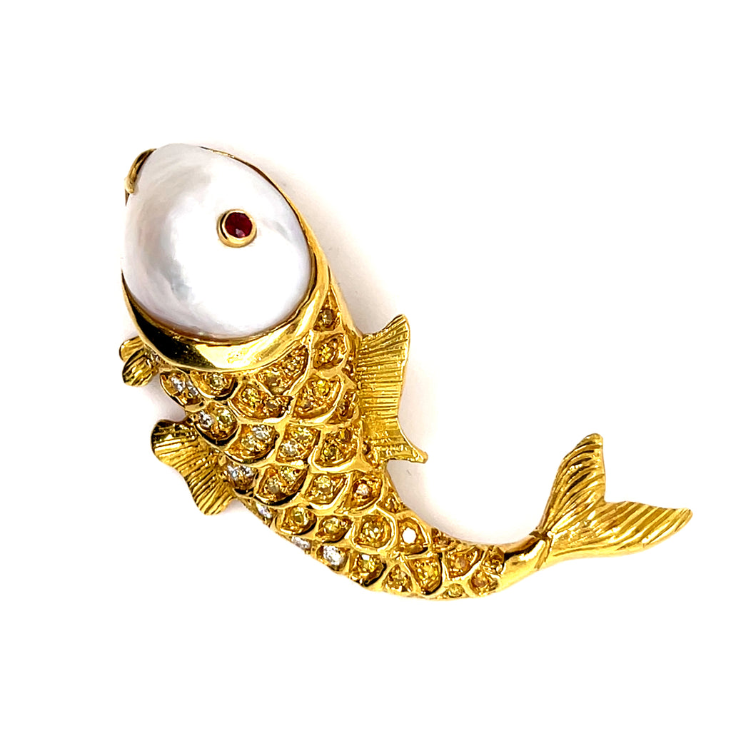 18k Yellow Gold & Cultured Pearl Fish Brooch w/ Yellow and White Diamond Accents.