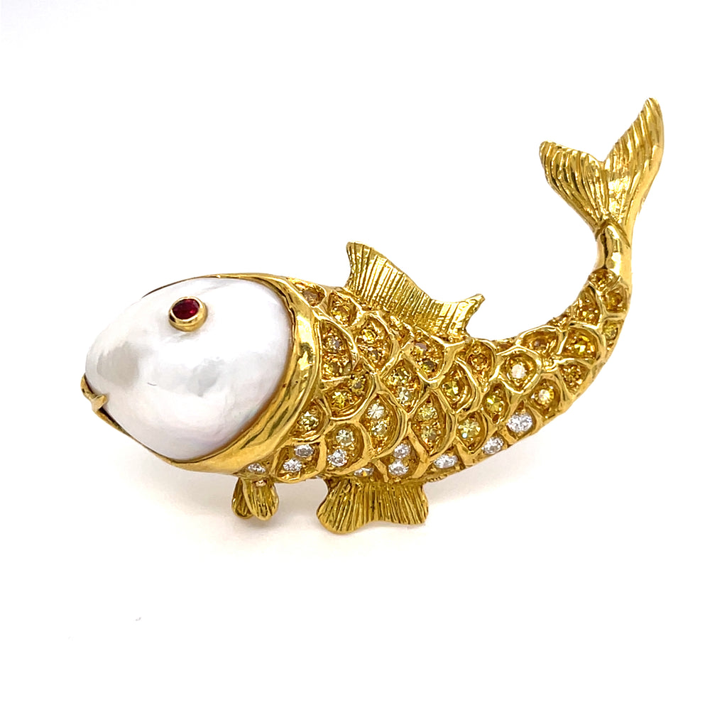 18k Yellow Gold & Cultured Pearl Fish Brooch w/ Yellow and White Diamond Accents.