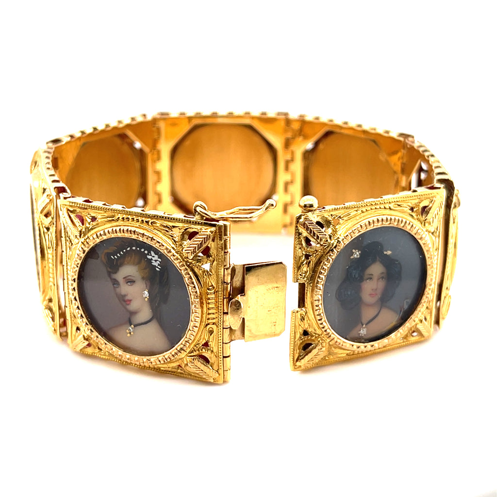 Ferdinando Trainotti 18k Yellow Gold Hand-Painted Porcelain Portrait Bracelet, 8 inches.