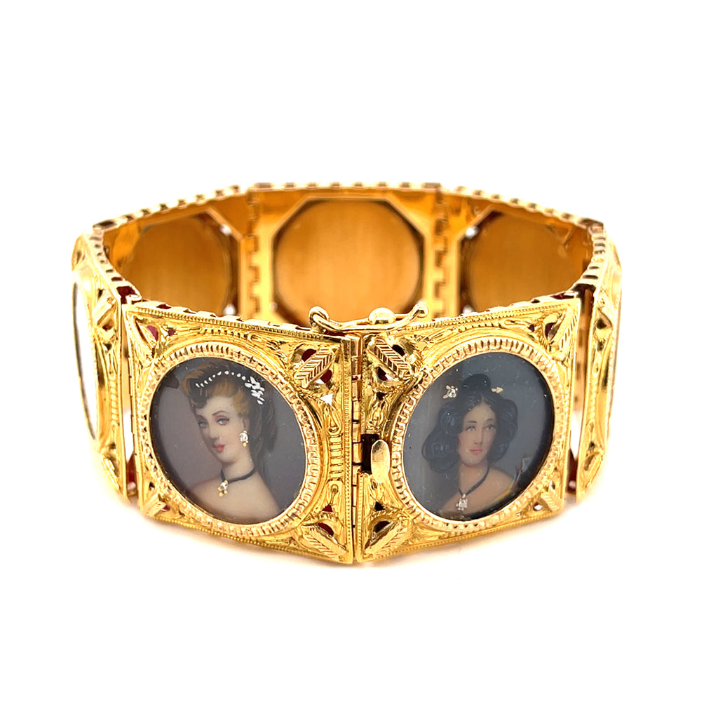 Ferdinando Trainotti 18k Yellow Gold Hand-Painted Porcelain Portrait Bracelet, 8 inches.