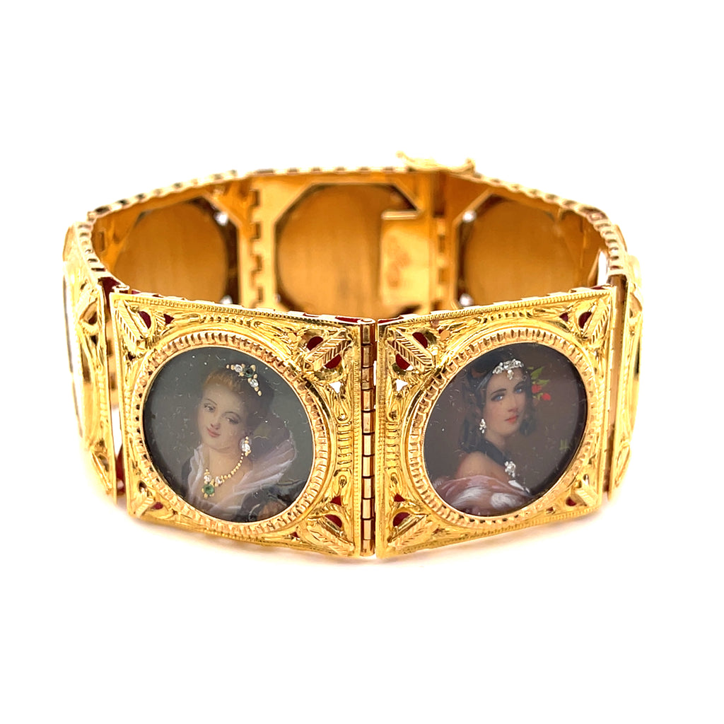 Ferdinando Trainotti 18k Yellow Gold Hand-Painted Porcelain Portrait Bracelet, 8 inches.
