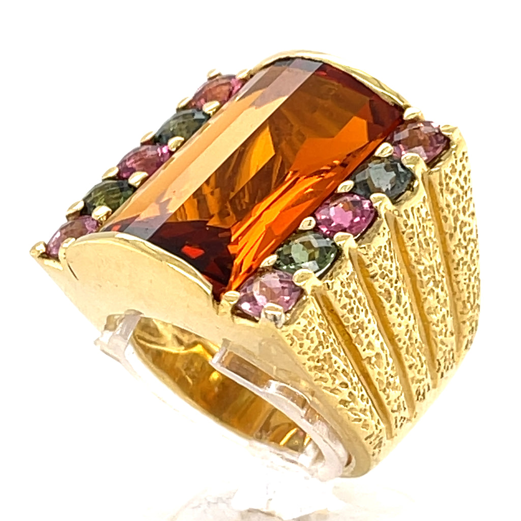 18k Yellow Gold & Domed Citrine Cocktail Ring w/ Tourmaline Accents, Size 8.75.