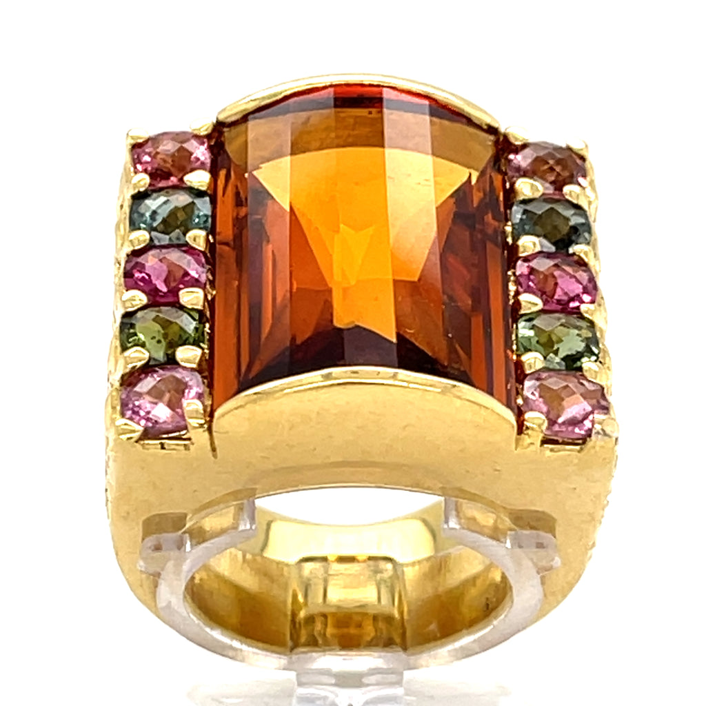 18k Yellow Gold & Domed Citrine Cocktail Ring w/ Tourmaline Accents, Size 8.75.