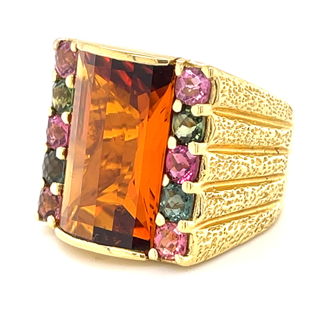 18k Yellow Gold & Domed Citrine Cocktail Ring w/ Tourmaline Accents, Size 8.75.