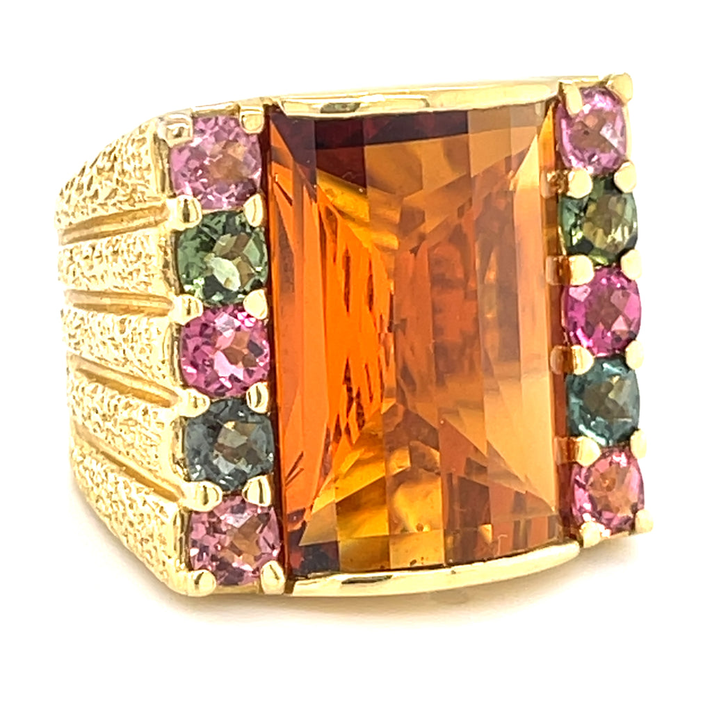 18k Yellow Gold & Domed Citrine Cocktail Ring w/ Tourmaline Accents, Size 8.75.