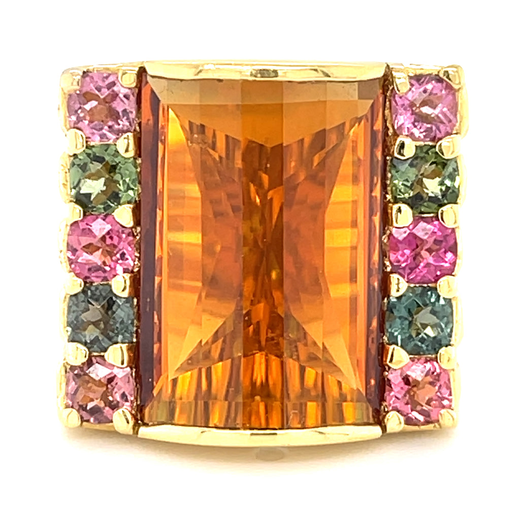 18k Yellow Gold & Domed Citrine Cocktail Ring w/ Tourmaline Accents, Size 8.75.