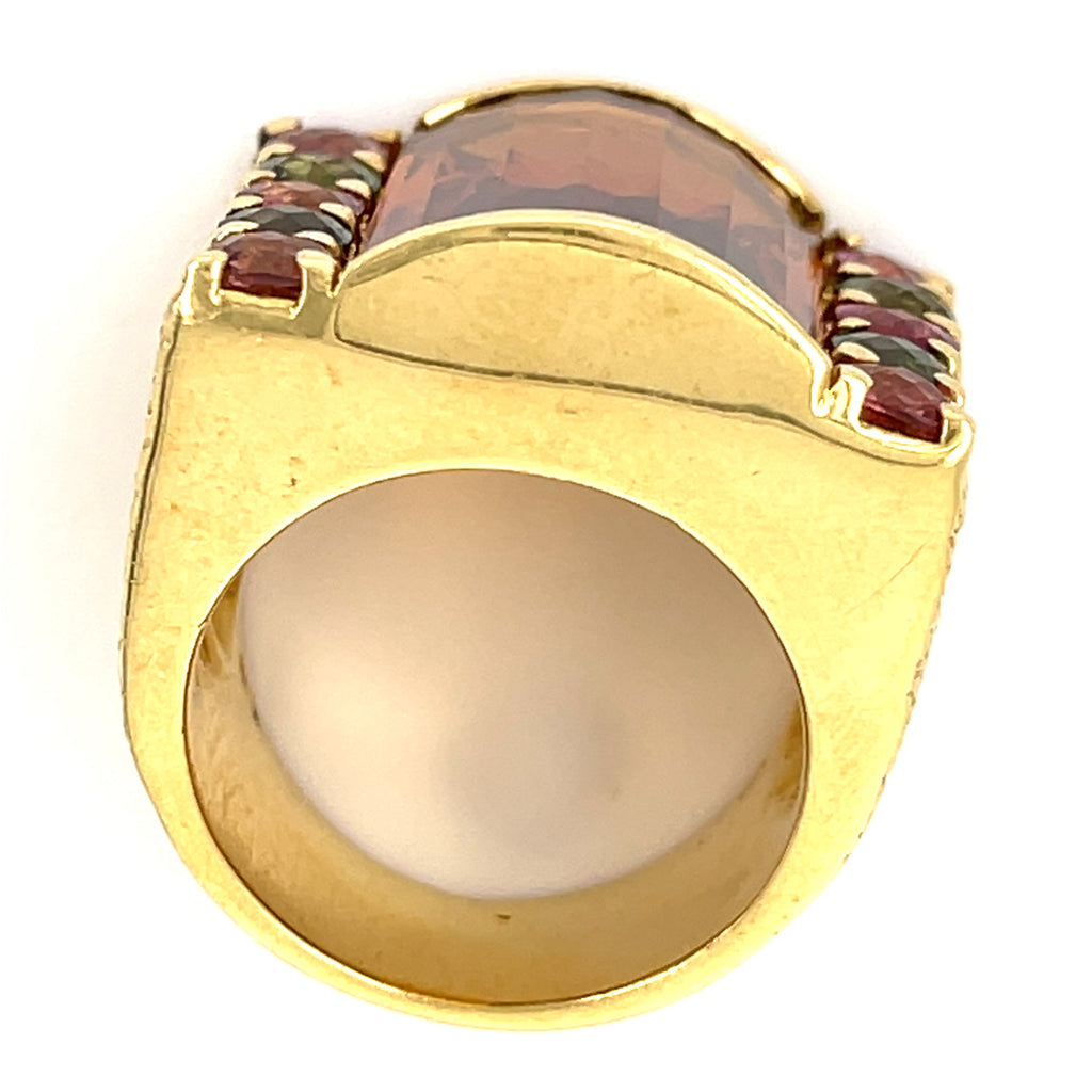 18k Yellow Gold & Domed Citrine Cocktail Ring w/ Tourmaline Accents, Size 8.75.