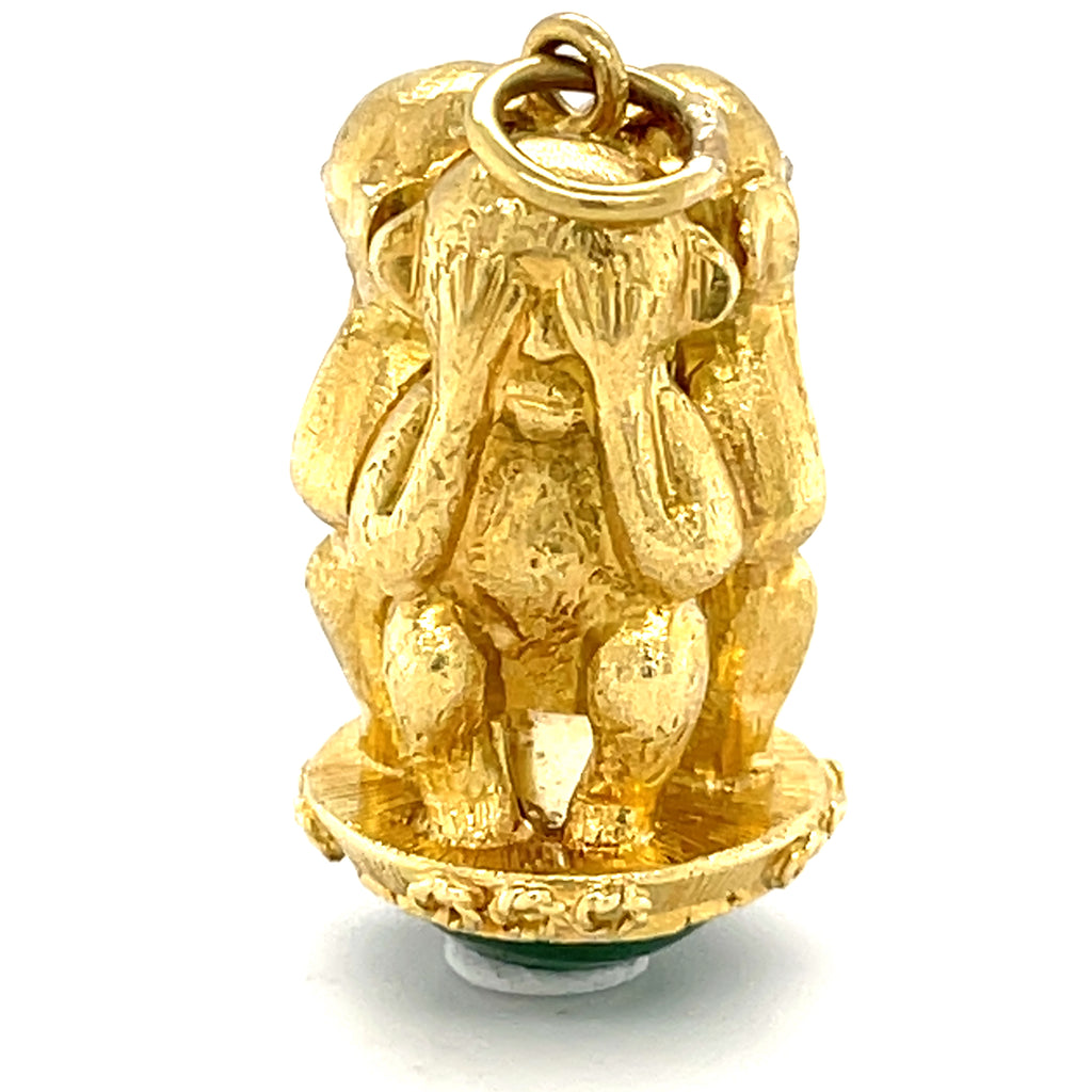 18k Gold Three Wise Monkeys Charm Pendant w/ Jade Cabochon, Hear/See/Speak No Evil.