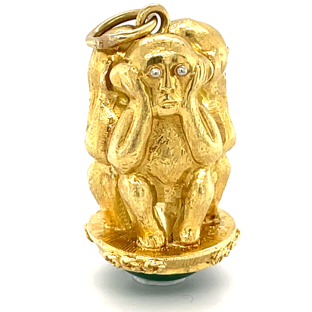 18k Gold Three Wise Monkeys Charm Pendant w/ Jade Cabochon, Hear/See/Speak No Evil.