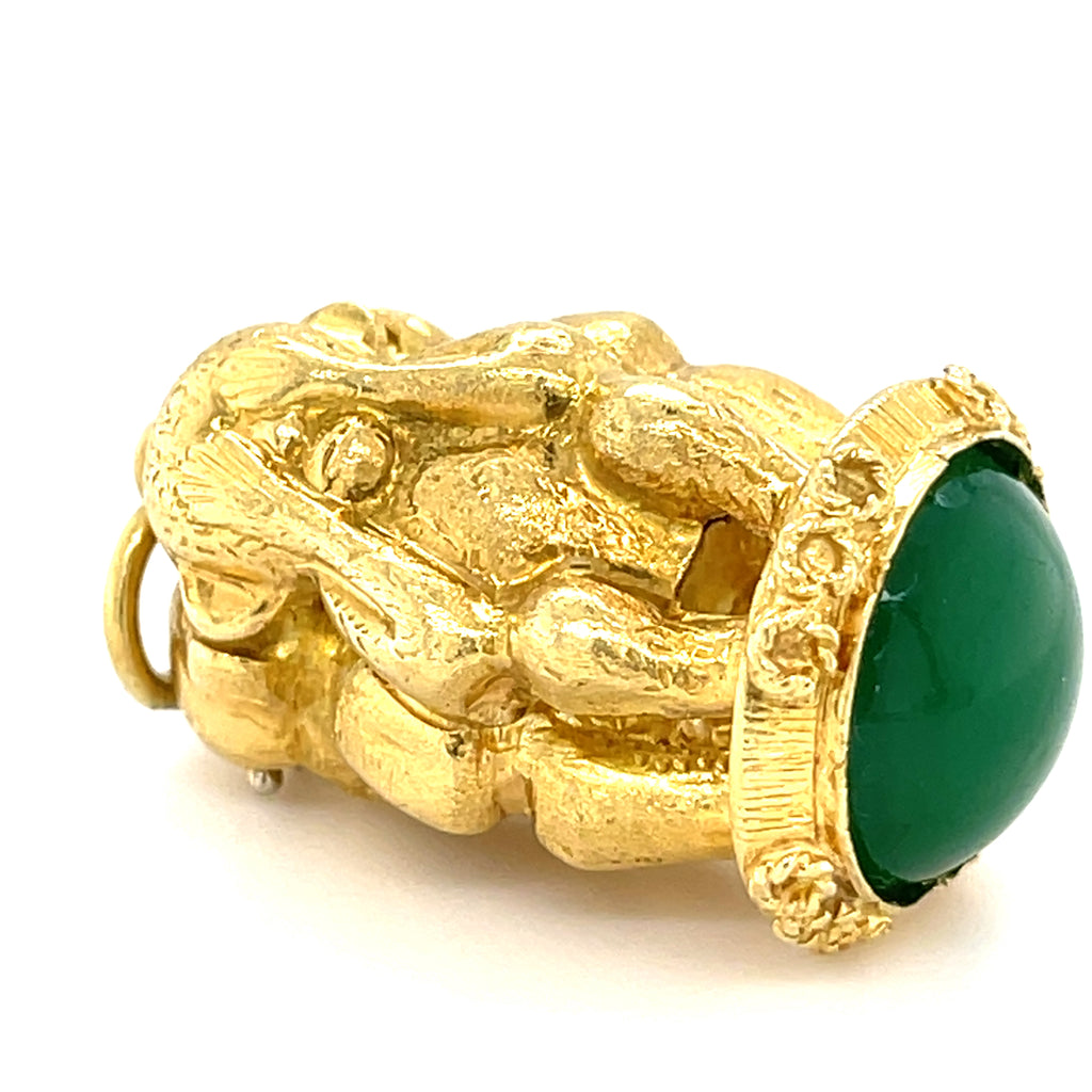 18k Gold Three Wise Monkeys Charm Pendant w/ Jade Cabochon, Hear/See/Speak No Evil.