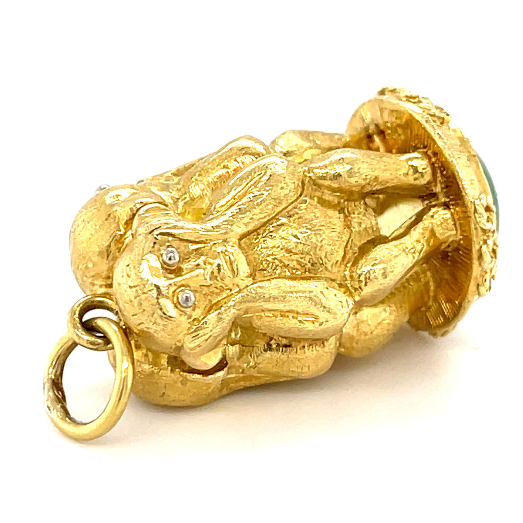 18k Gold Three Wise Monkeys Charm Pendant w/ Jade Cabochon, Hear/See/Speak No Evil.