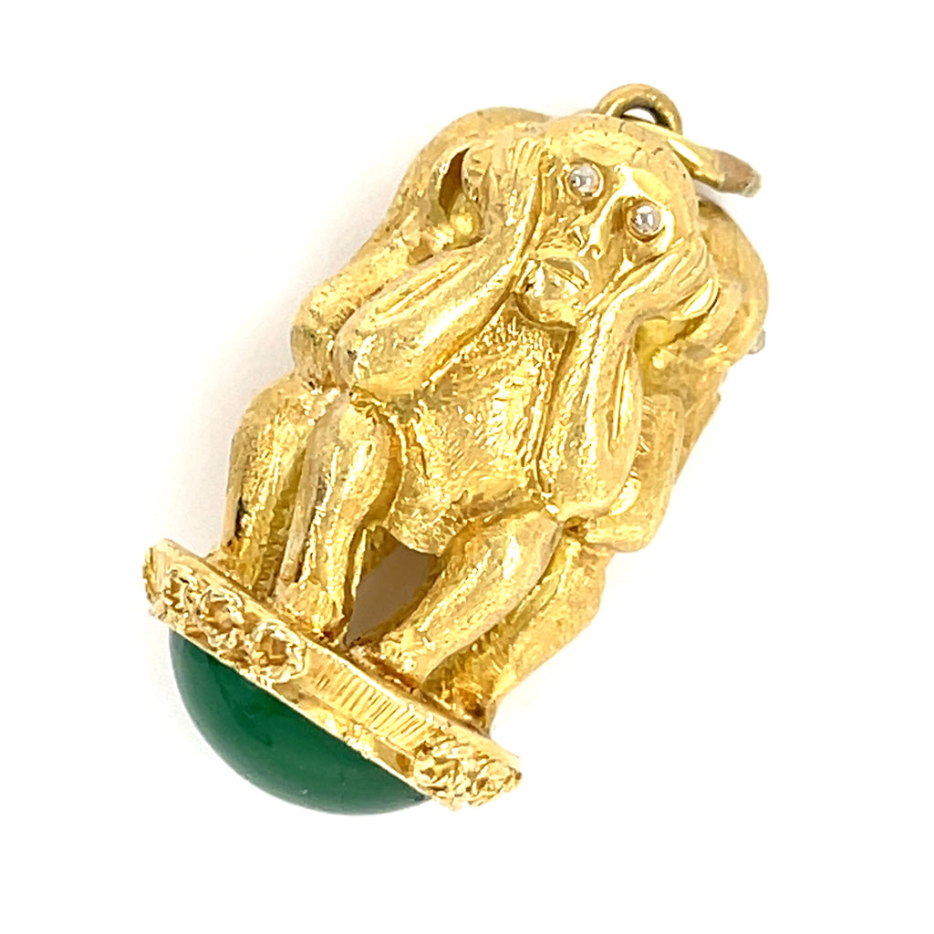 18k Gold Three Wise Monkeys Charm Pendant w/ Jade Cabochon, Hear/See/Speak No Evil.