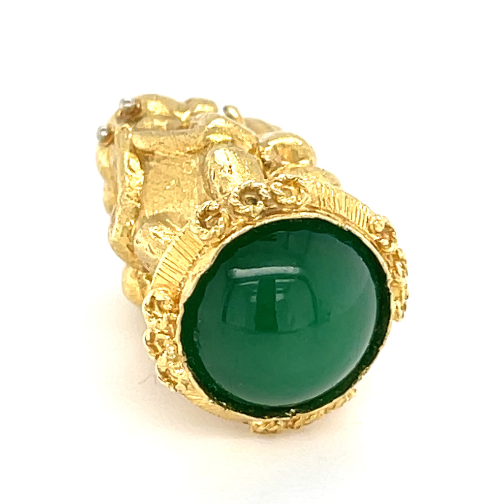 18k Gold Three Wise Monkeys Charm Pendant w/ Jade Cabochon, Hear/See/Speak No Evil.