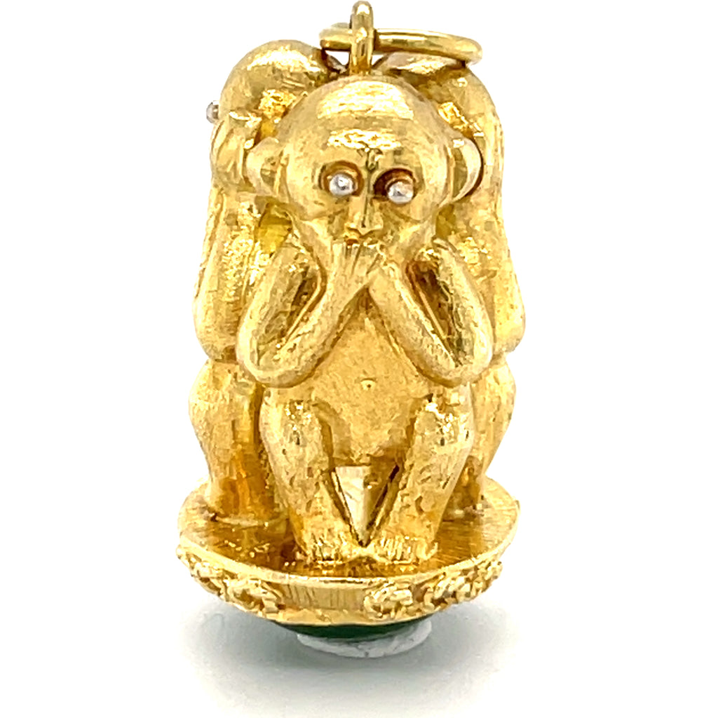 18k Gold Three Wise Monkeys Charm Pendant w/ Jade Cabochon, Hear/See/Speak No Evil.