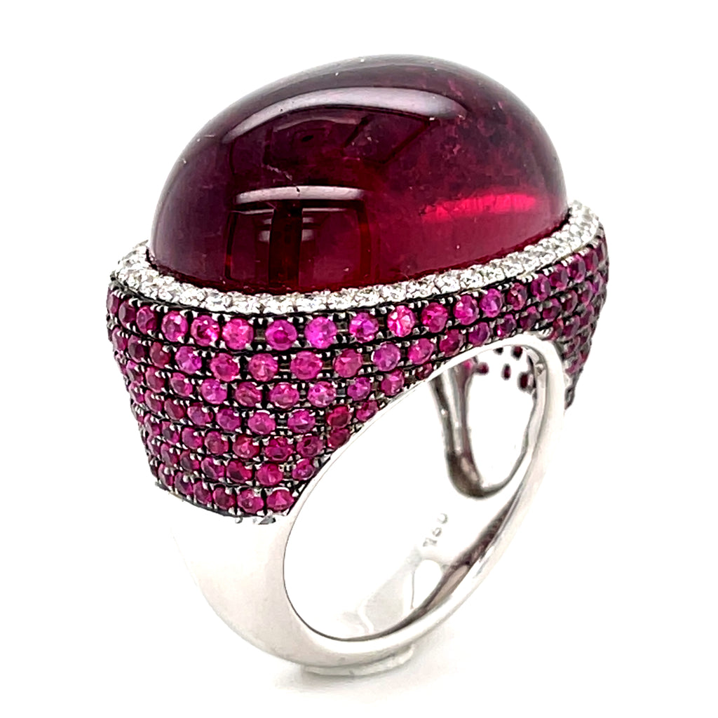 18k White Gold & Rubellite Tourmaline Cabochon Ring w/ Diamond, Ruby Accents, Size 7.