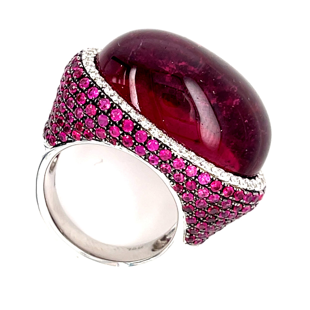 18k White Gold & Rubellite Tourmaline Cabochon Ring w/ Diamond, Ruby Accents, Size 7.